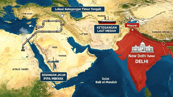 Infografis ini menunjukkan tiga peristiwa utama: serangan jalur pipa minyak di Arab Saudi, ketegangan jalur pelayaran di Laut Merah dan Selat Bab el-Mandeb, serta pernyataan BRICS di New Delhi. (Dok-Foto Ilustrasi)