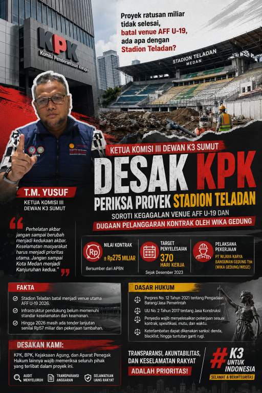 Ketua Komisi III Dewan K3 Sumut Desak KPK Periksa Proyek Stadion Teladan, Soroti Kegagalan Venue AFF U-19 dan Dugaan Pelanggaran Kontrak oleh WIKA Gedung (Dok-Foto)