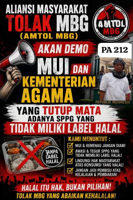 AMTOL MBG Dan PA 212 Akan Gelar Aksi Demo Minta Copot Ketua MUI Sumut dan Kakankemenag Sumut Yang Melakukan Pembiaran Terhadap SPPG Yang Tidak Miliki Label Halal (Dok-Foto)