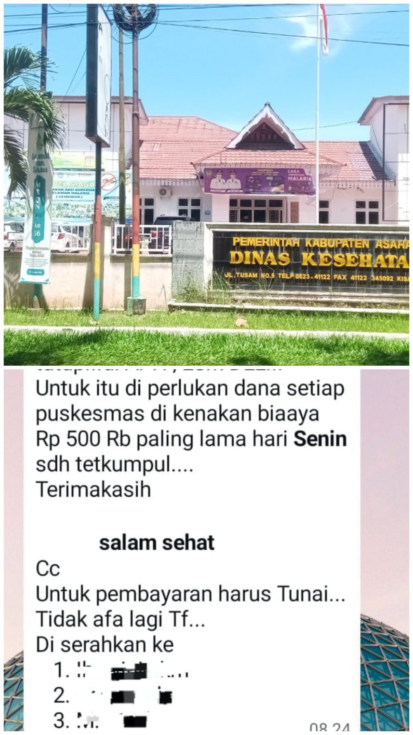Kantor Dinas Kesehatan Asahan dan pesan singkat (fhoto.dok)