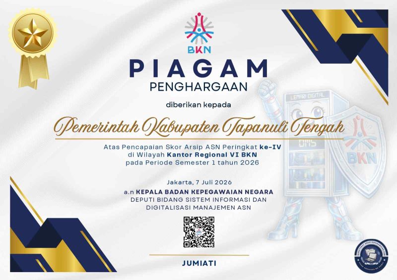 Pemerintah Kabupaten (Pemkab) Tapanuli Tengah kembali menorehkan prestasi gemilang dalam bidang Tata Kelola Administrasi Kepegawaian (Dok-Poto)