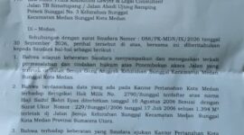 Badan Pertanahan Nasional (BPN) Kota Medan membalas surat kuasa hukum warga terkait batas wilayah sertifikat tanah yang berada di lokasi tersebut (Dok-Poto)