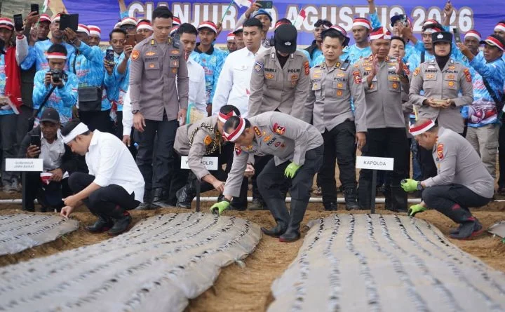 Wakapolri Komjen Pol. Prof. Dr. H. Dedi Prasetyo, M.Hum., M.Si., M.M., memimpin langsung penanaman perdana bawang putih di Kabupaten Cianjur, Rabu (19/8/2026),( Dok - Foto )