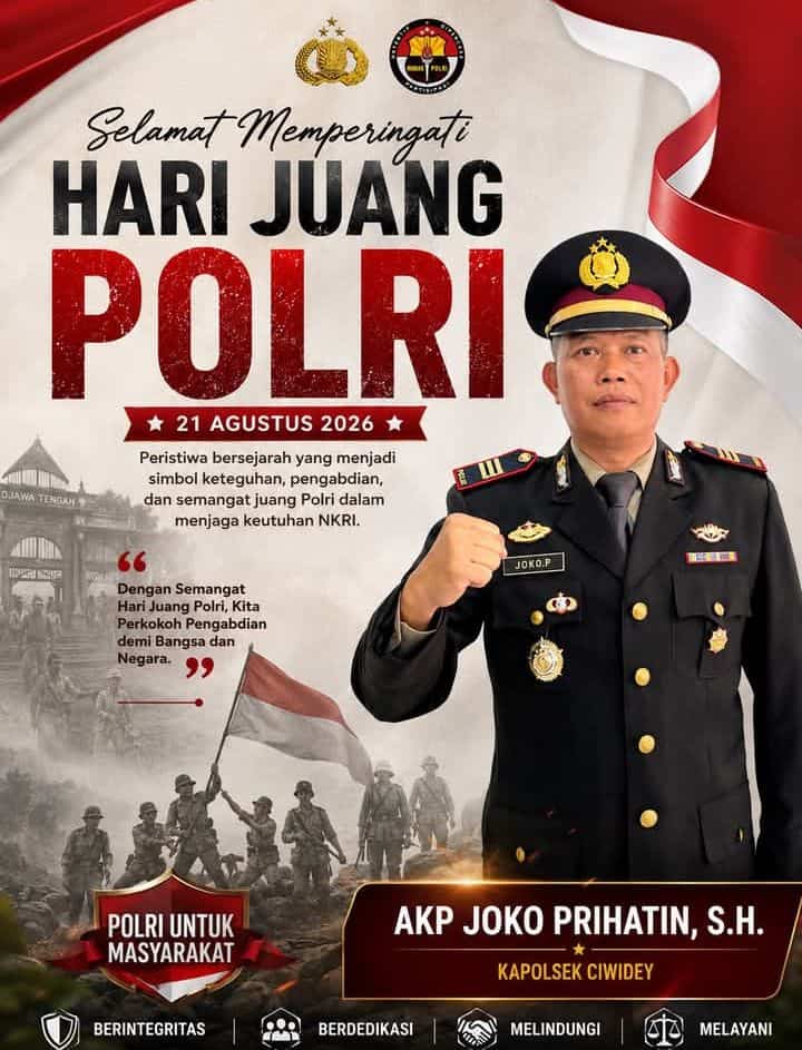 Kapolsek Ciwidey AKP Joko Prihatin menyampaikan pesan dalam peringatan Hari Juang Polri 2026, dengan latar belakang pasukan dan bendera merah putih.